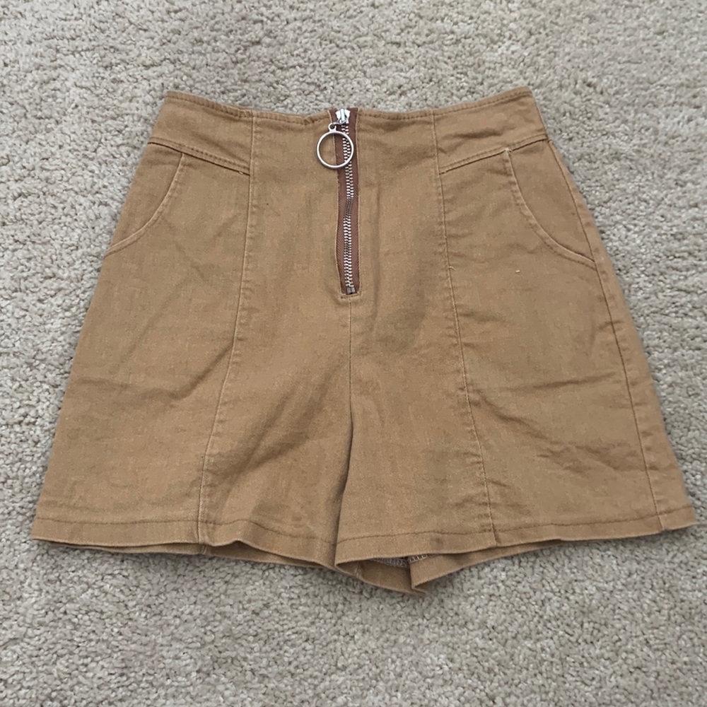 Korean Fashion Brown High-Waisted Ring Zipper Shorts
